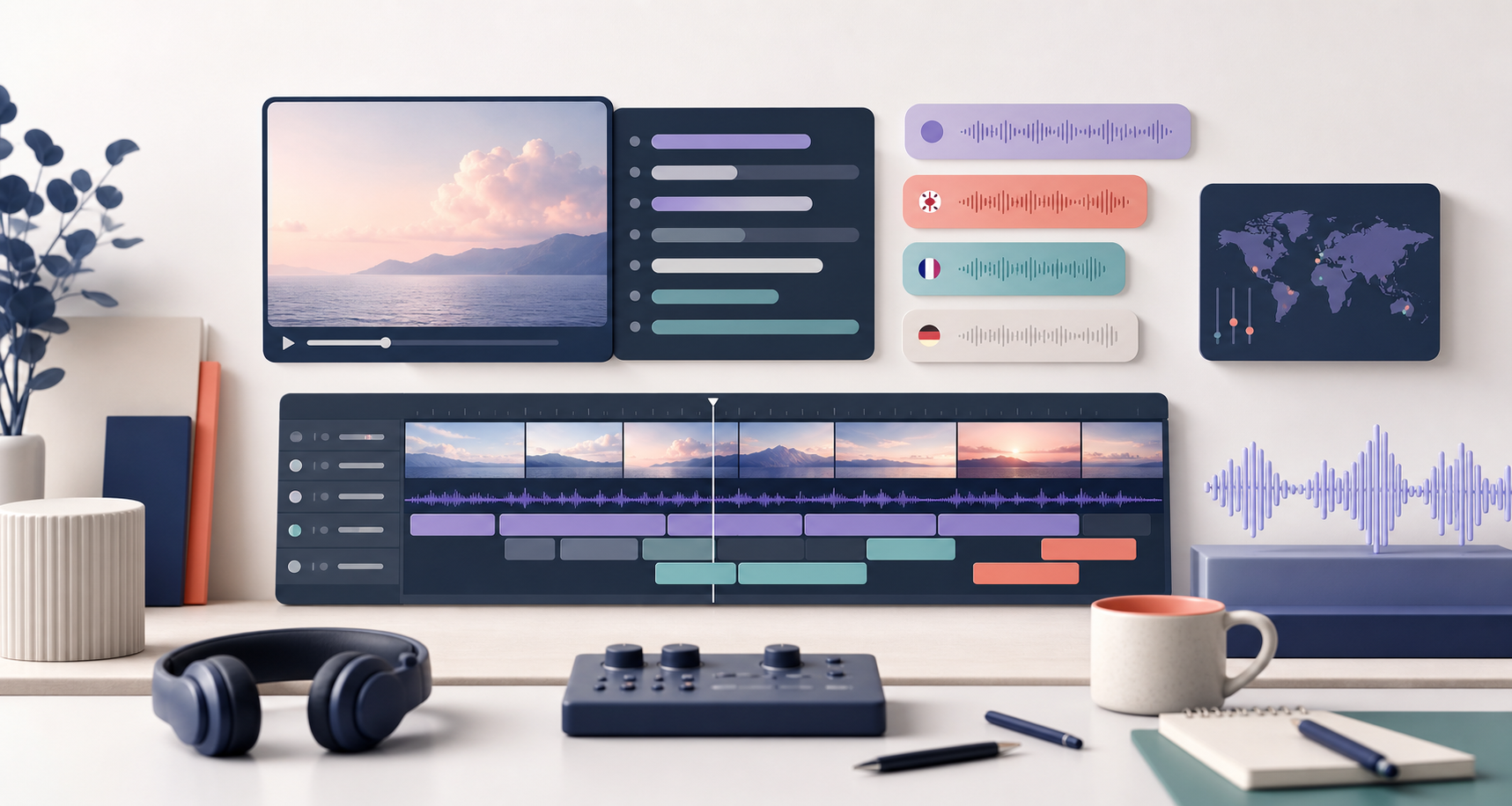 Abstract visual of subtitle, audio, and video localization workflow elements